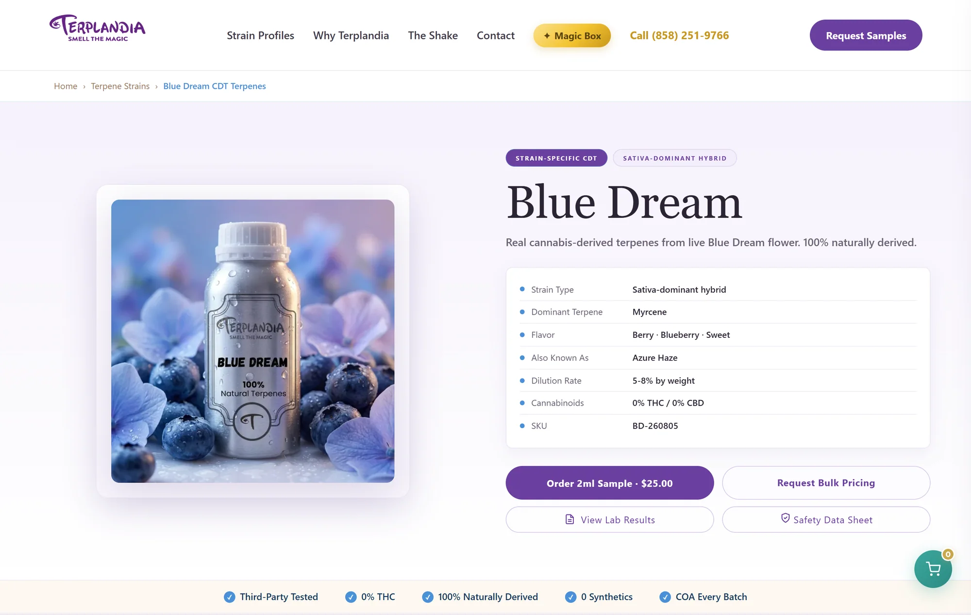 A Terplandia product page for the Blue Dream strain, with a specification table, sample order button, lab results and safety data sheet