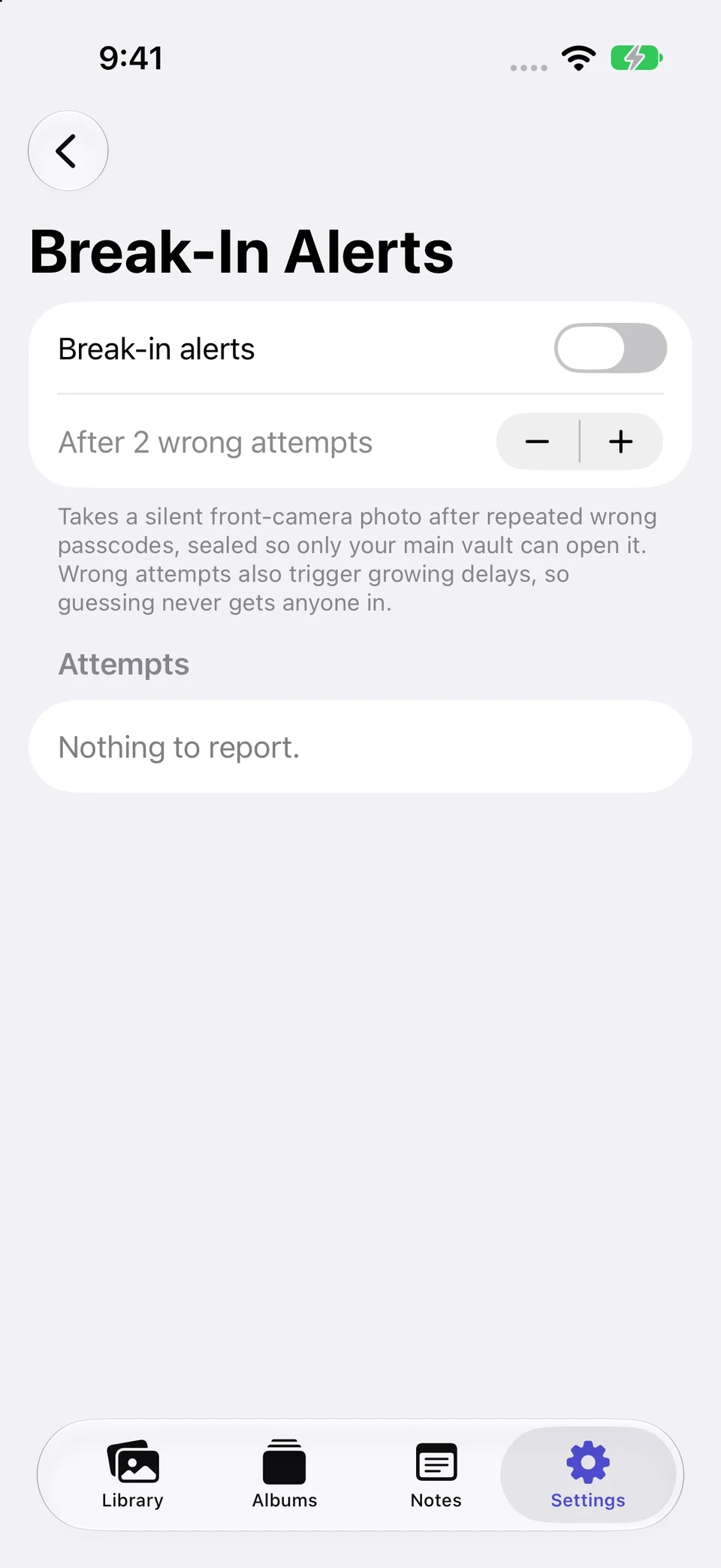 Actual Vault Max Break-In Alerts settings with an optional Take photo on failed unlock switch, attempt threshold and empty Attempts section.