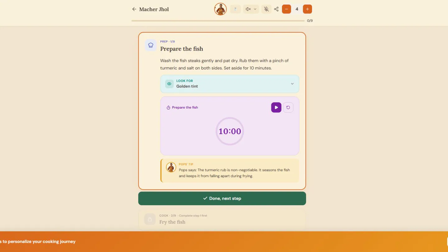 CookwithPops guided recipe screen showing step one of Macher Jhol, Prepare the fish, with a ten-minute timer and a Done, next step control