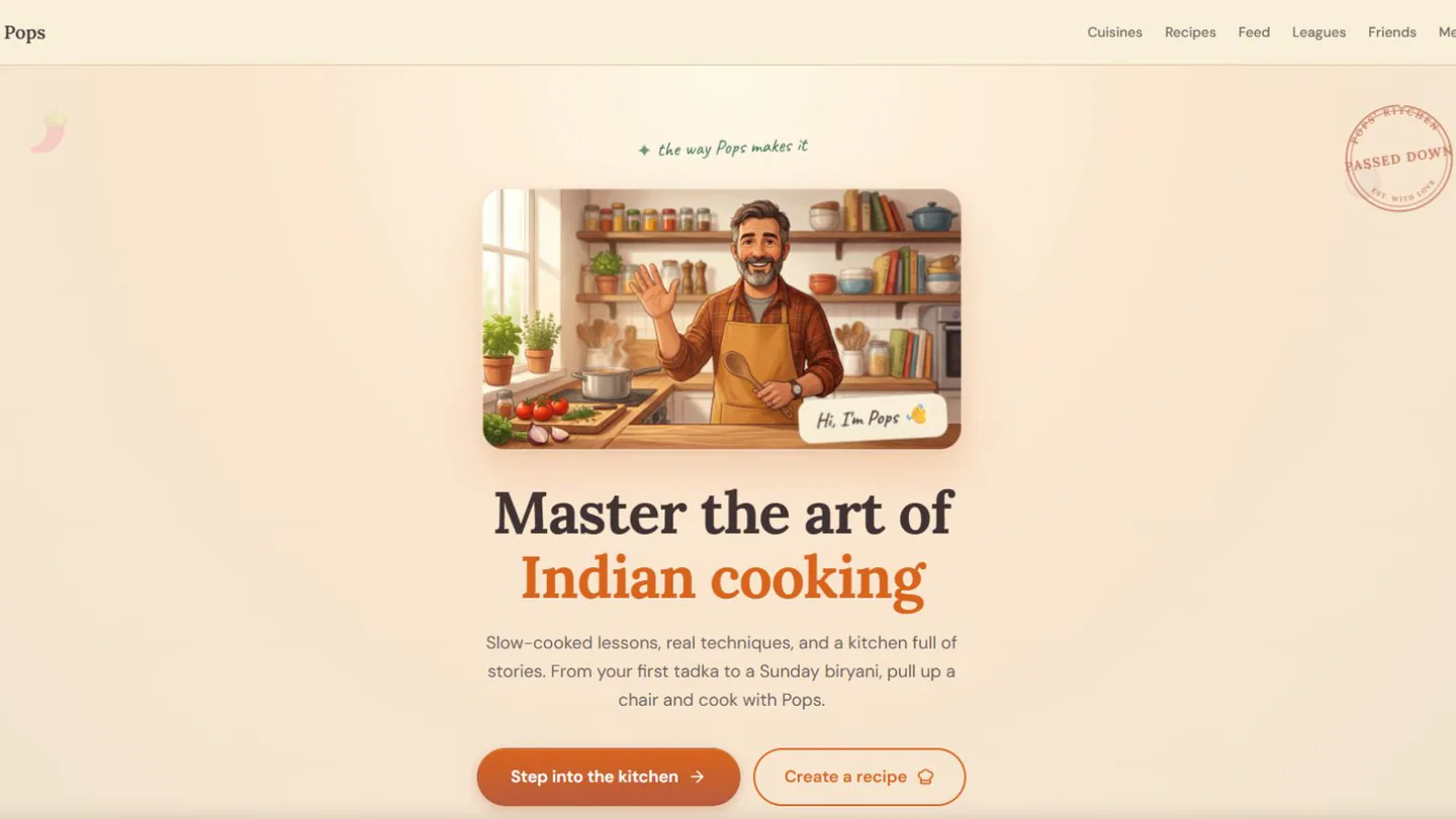 CookwithPops homepage showing an illustrated cook above the headline Master the art of Indian cooking