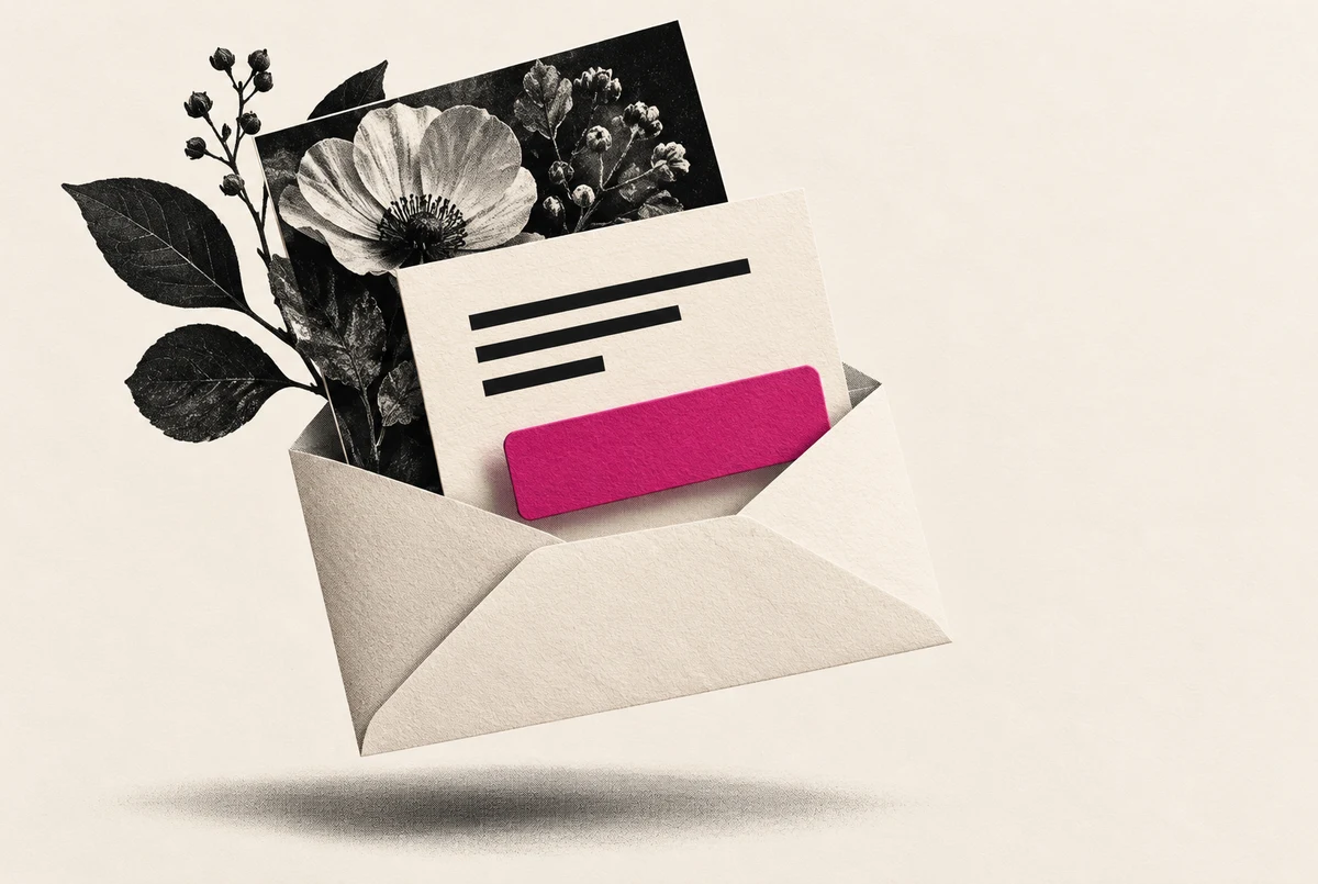 An envelope with separate layers for an image, text and a button